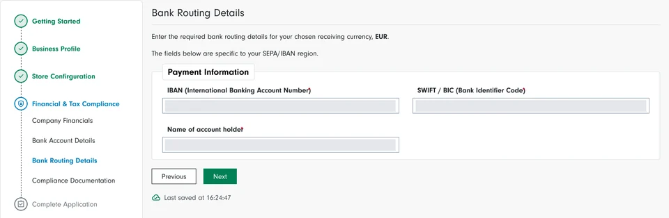Revised banking details with expanded IBAN and SWIFT/BIC labels and guidance about the selected currency and banking region. Values are redacted.