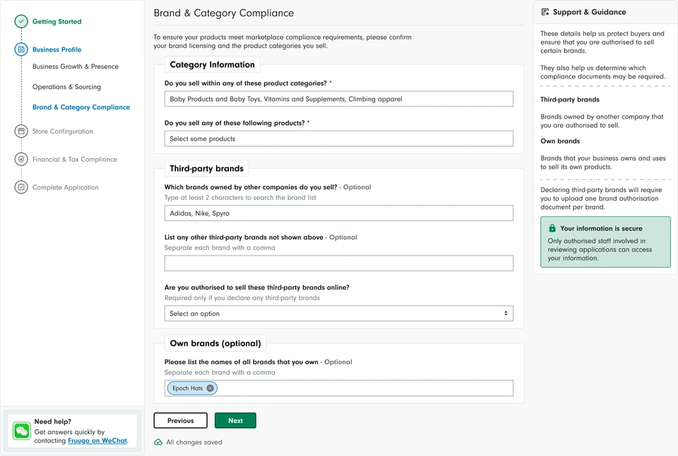 Figma brand and category design with separate third-party and own-brand groups, brand names and contextual support guidance.