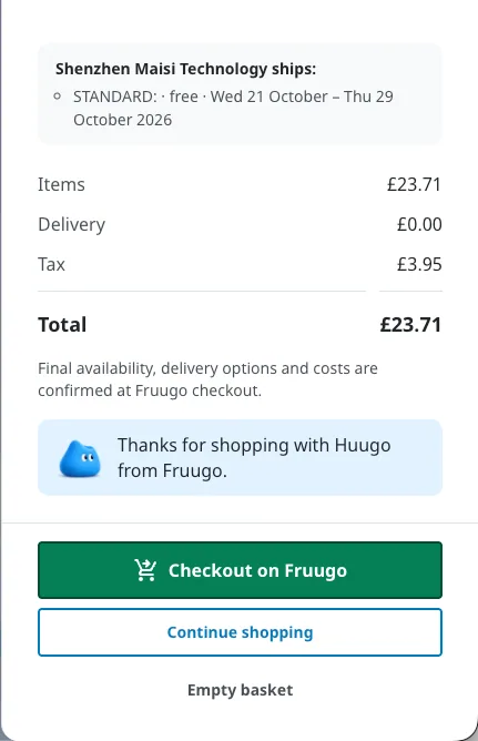 Enlarged detail of Huugo’s basket showing shipping information, cost breakdown and Checkout on Fruugo button.