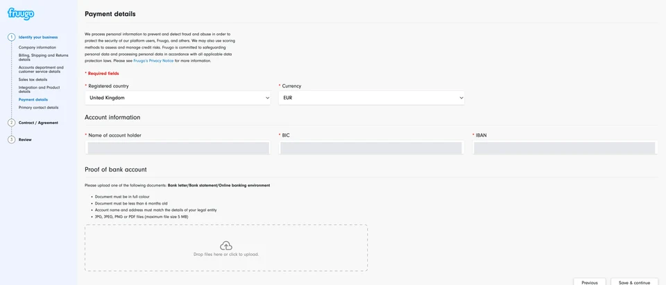 Original payment page with account-holder, BIC and IBAN fields arranged across three columns. Populated values are redacted.