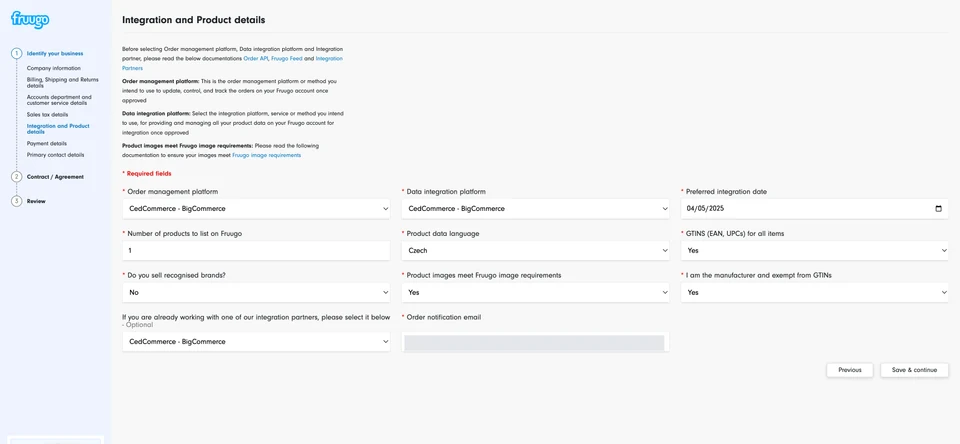 Original integration and product page with three columns of inputs, including recognised-brand and image-compliance yes/no questions.