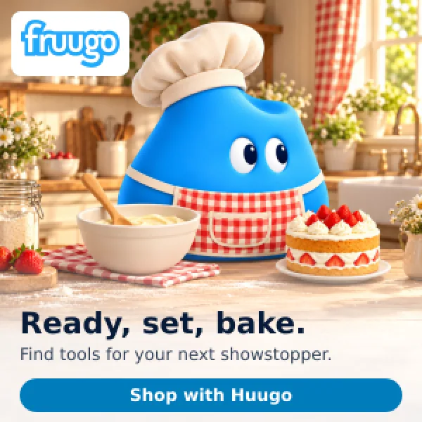 Huugo wearing a chef hat and apron with baking props, with Ready, set, bake copy.