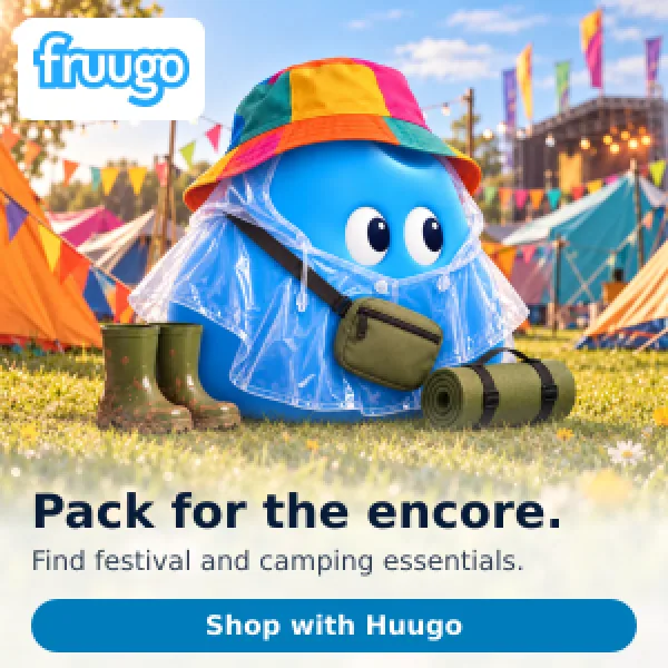 Huugo in a colourful hat and rain poncho with camping equipment, with Pack for the encore copy.