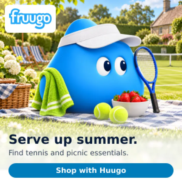 Huugo with a tennis visor and racket beside strawberries, with Serve up summer and Shop with Huugo copy.