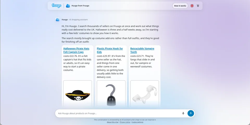 Huugo conversation with product cards, suggested shopping content and a composer containing microphone and send controls.