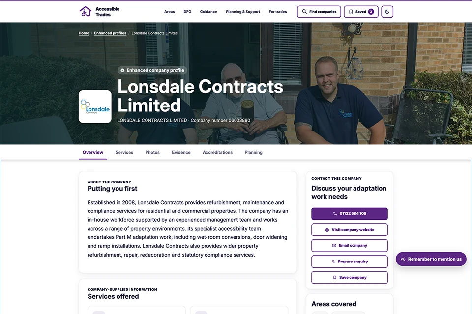 Lonsdale Contracts company profile, with previous-work images, a separately labelled supporting-evidence section and company-supplied credentials.