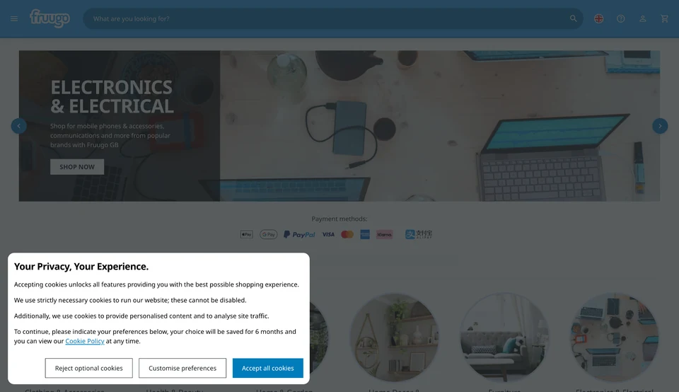 Updated Fruugo desktop cookie consent modal with one filled primary action and visible outlined optional-cookie rejection.