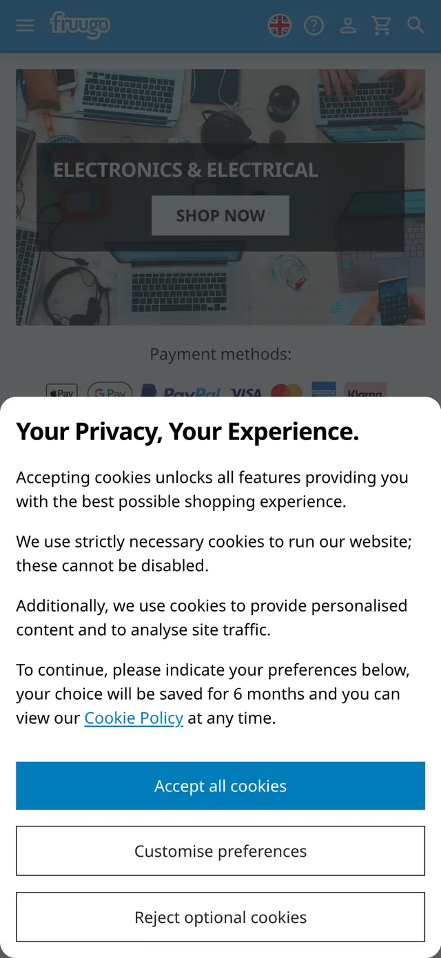 Updated Fruugo cookie consent modal on mobile.