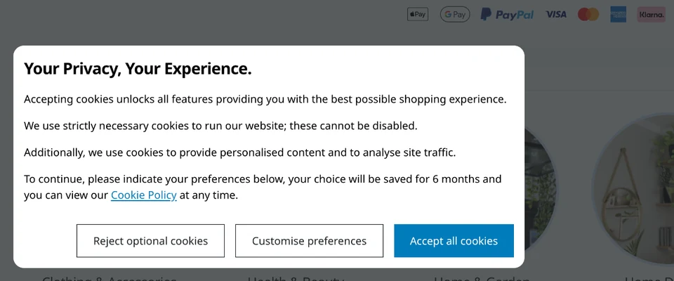 Current Fruugo desktop cookie consent panel with Reject optional cookies, Customise preferences and Accept all cookies visible.