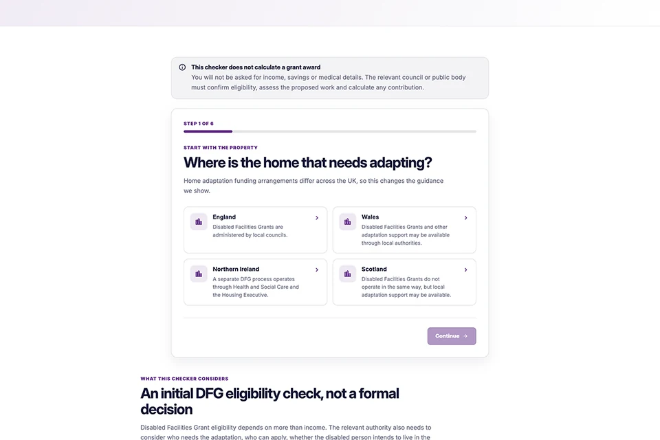 The DFG eligibility checker explains that it is an initial guide and asks which UK nation the home needing adaptation is in.