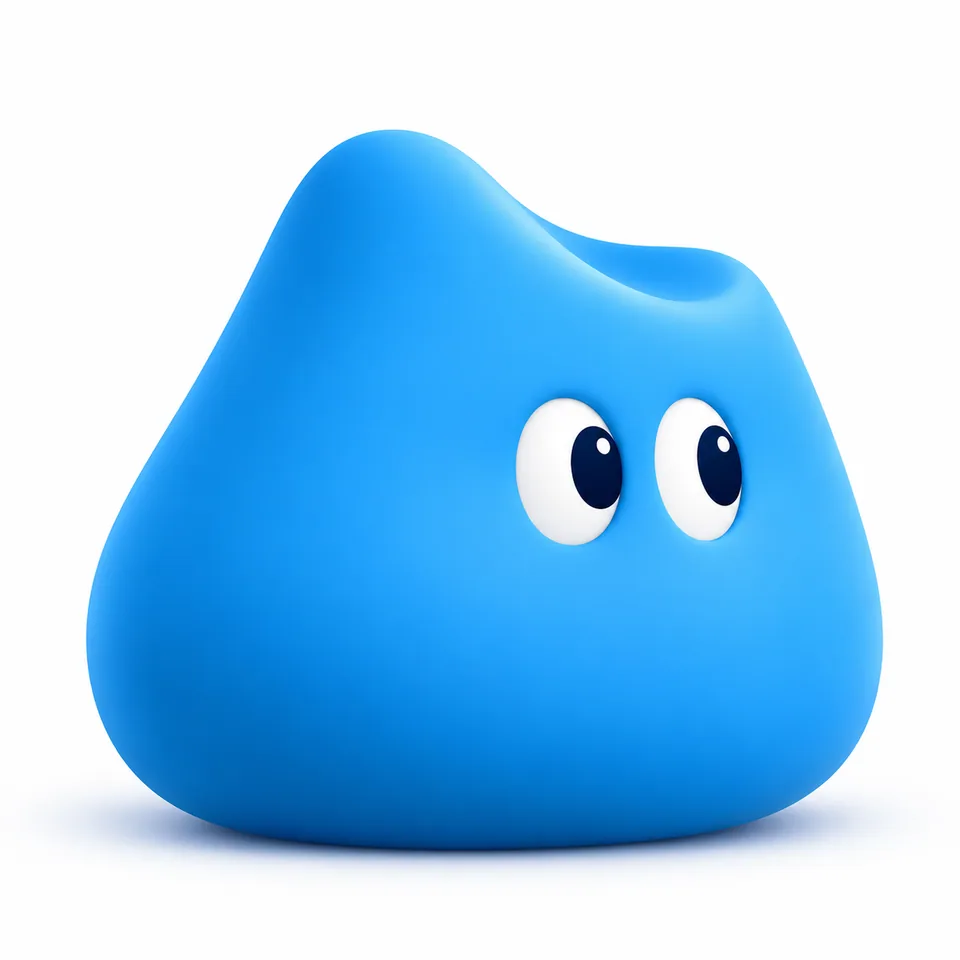 Huugo’s rounded blue body and white oval eyes, without a mouth, limbs or event accessories.