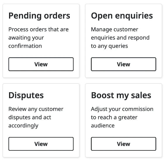 English dashboard cards for Pending orders, Open enquiries, Disputes and Boost my sales, with instructions and View actions.