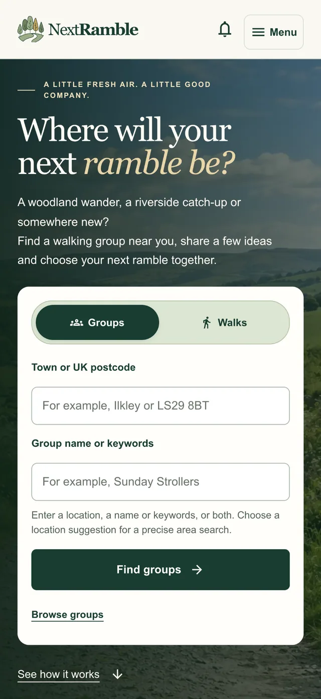 NextRamble mobile homepage with Groups and Walks options, town or postcode search and group keyword search.
