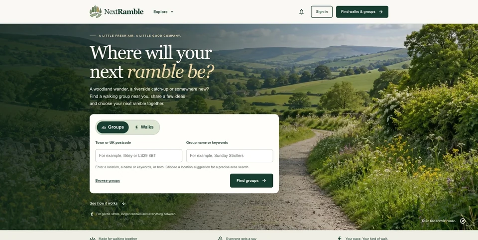 NextRamble homepage with countryside imagery, a Groups and Walks selector, location search and group keyword search.