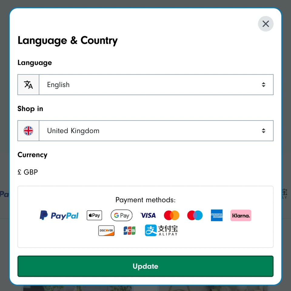 Marketplace dialog with independent Language and Shop in selectors, currency, payment methods and Update button.