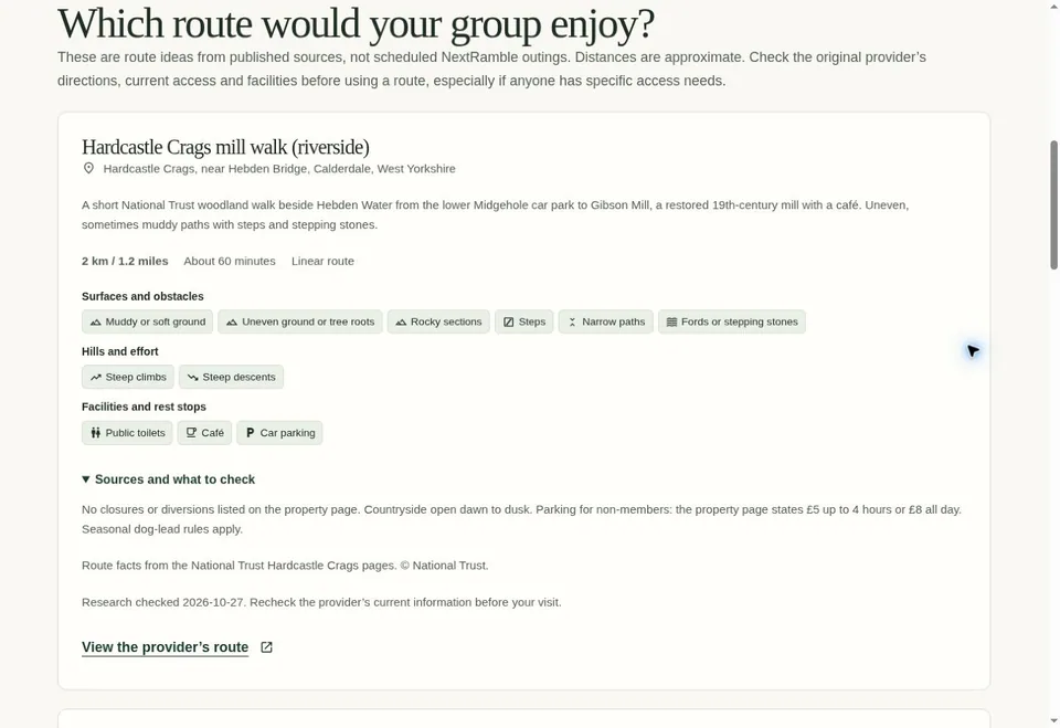 A Hardcastle Crags route card on the Leeds area guide shows distance, terrain, facilities, source attribution, a research date and a link to the original provider.