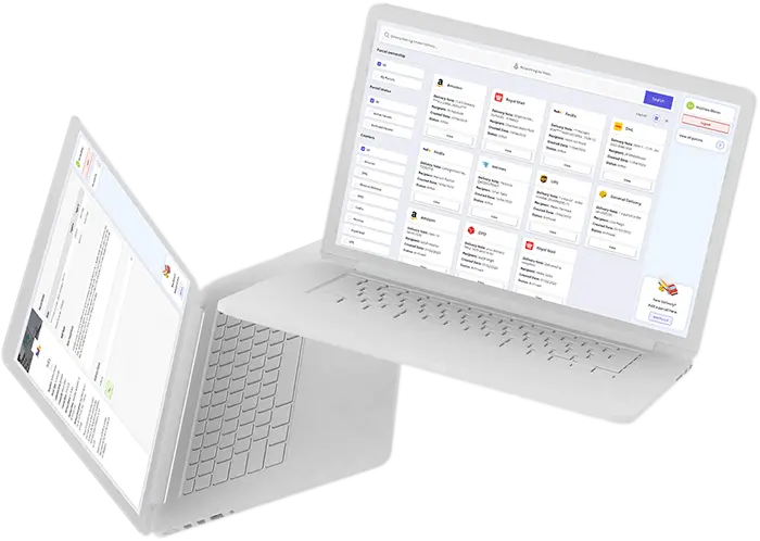 Two laptops displaying screens from the Parcel Tracker system.