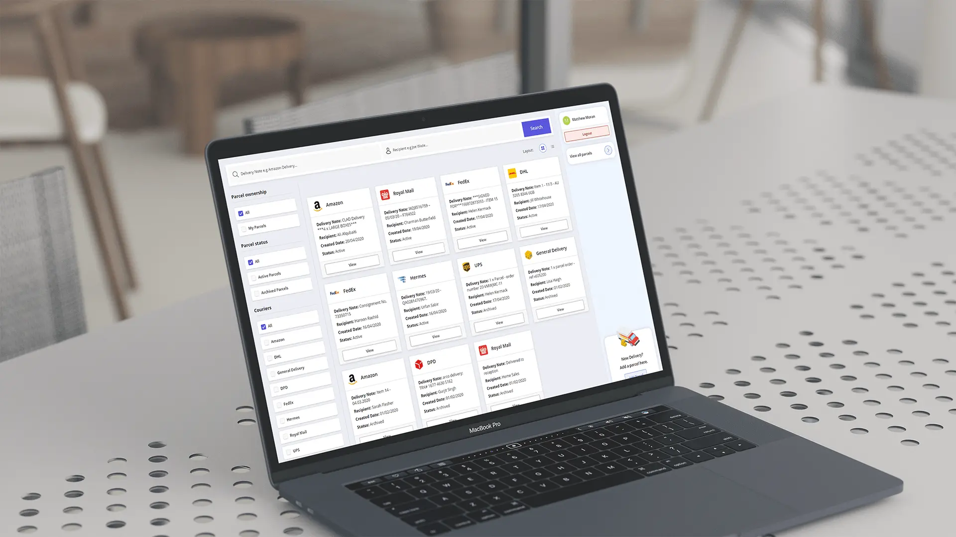 Parcel Tracker system displaying results of parcels delivered and tracked.